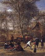 Skittle players outside an inn